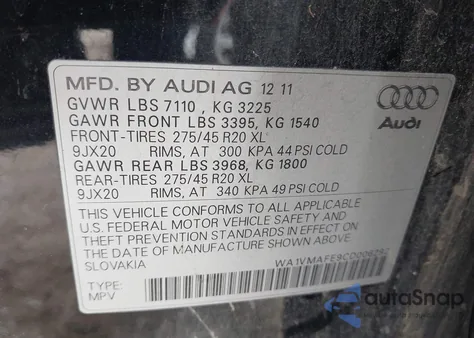 2012 Audi Q7 3.0 Tdi Premium из США, поврежденный, VIN WA1VMAFE9CD006292